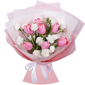 Pink tulip - 9, White spray carnation - 6, Wrapping Paper
