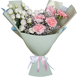lisianthus - 4, Pink carnation - 7, Gypsophila - 1, Wrapping Paper