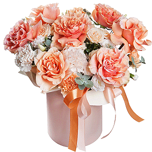 Cream Rose 50 cm Ecuador (Creme Caramel) - 9, Carnation white, cream - 9, Spray rose: white, cream, light pink 50 cm - 3, lisianthus - 1, White spray carnation - 2, Round flower box medium, Oasis, Ribbon, Pistachio, Eucalyptus