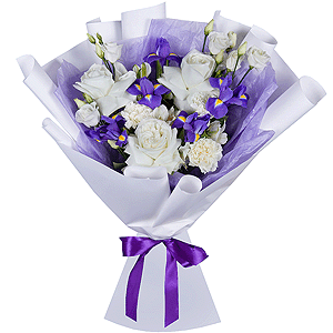 Irises - 7, White rose 50 cm Ecuador - 3, lisianthus - 2, Alstromeria white, soft pink - 4, Carnation white, cream - 6, Wrapping Paper
