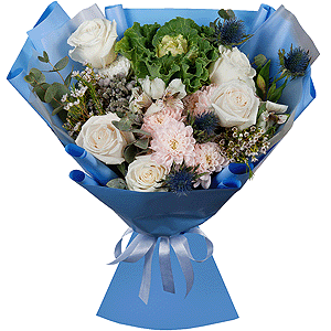 White rose 50 cm - 7, Baltica Pink Spray Chrysanthemum - 2, Alstromeria white, soft pink - 2, Brassica, Eryngium, Brunia Green Lanuginosa (1 pc.), Waxflower (1 pc.), Eucalyptus, Wrapping Paper