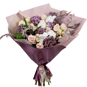 Lilac carnation - 10, Spray rose: white, cream, light pink 50 cm - 7, Cotton bud, Eucalyptus populus (1 pc.), Aspidistra (1 pc.), Wrapping Paper