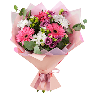 Gerbera pink - 4, Bacardi White Spray Chrysanthemum - 4, Purple Lisianthus (Eustoma) - 3, Hypericum, Eucalyptus Cinerea, Wrapping Paper