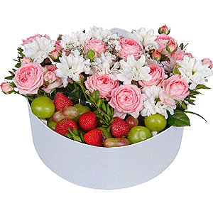 Bacardi White Spray Chrysanthemum - 2, Peony sprayrose - 2, Gypsophila - 3, Circular arrangement box, Oasis, Pistachio, Fresas 250 g, Grapes, Film, Ribbon