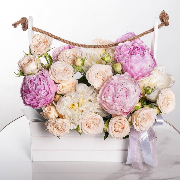 Peony pink - 3, Peony white - 4, Spray rose: white, cream, light pink 50 cm - 5, Wooden pot, Oasis, Ribbon