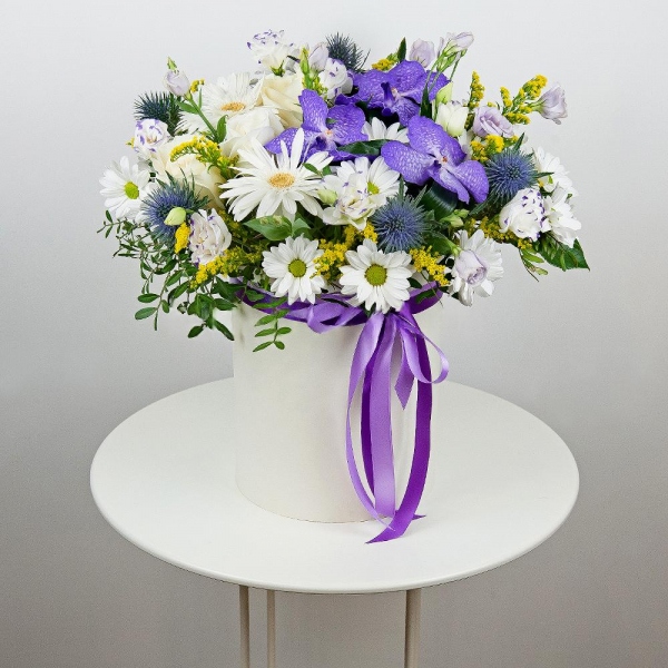 Vanda Orchid bud - 5, Gerbera white - 3, White rose 50 cm - 5, Bacardi White Spray Chrysanthemum - 5, Lilac carnation - 3, lisianthus - 6, Round flower box medium, Oasis, Film, Pistachio, Flask for orchids, Aspidistra (1 pc.), Solidago (1 pc.), Ribbon, Eryngium