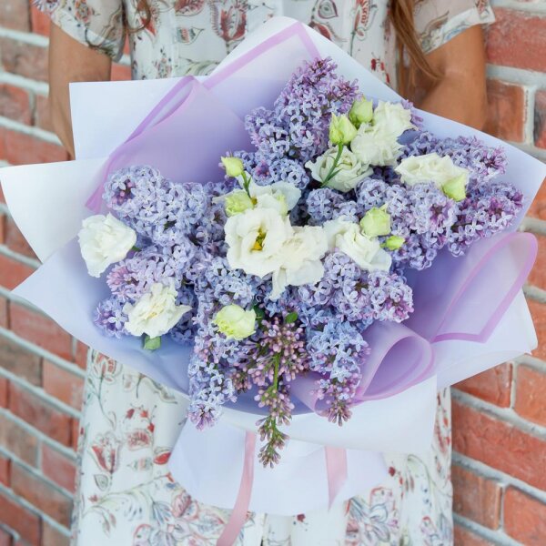 Lilac Bush - 6, lisianthus - 5, Wrapping Paper, Ribbon