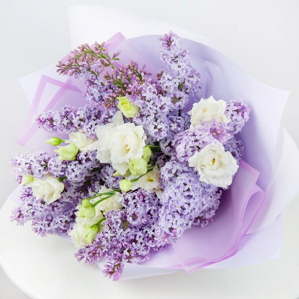 Lilac Bush - 7, lisianthus - 6, Wrapping Paper, Ribbon