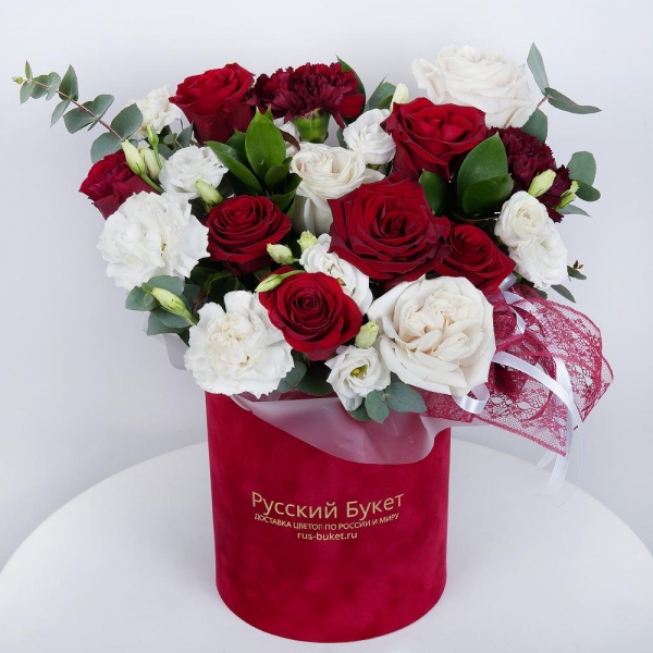 Carnation red - 4, Red rose 50 cm - 10, White rose 50 cm - 5, lisianthus - 3, Carnation white, cream - 5, Round flower box small , Oasis, Eucalyptus Cinerea, Ruscus, Ribbon