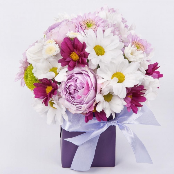Athos poms Stallion - 3, Bacardi White Spray Chrysanthemum - 2, Spray peony rose Lavander, 50 cm - 1, Bacardi Pink Spray Chrysanthemum - 1, Baltica Pink Spray Chrysanthemum - 2, Oasis, Wrapping Paper, Ribbon
