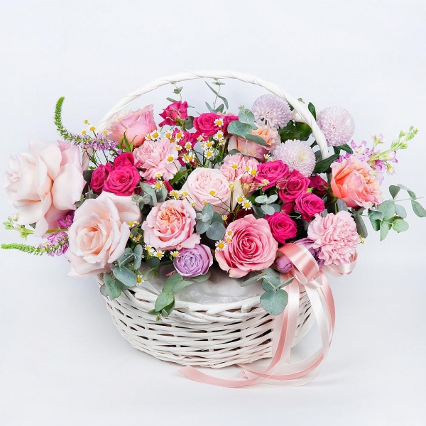 Matthiola Lilac - 1, Chamomile - 2, Bright pink spray rose mix, 50 cm - 4, Spray peony rose Lavander, 50 cm - 1, Momoko Chrysanthemum - 4, Pink carnation - 3, Rose Pink 50 cm Ecuador (Chelo, Hermosa, Novia, Titanik, Engagement, Pink Mondiale) - 10, Carnation white, cream - 2, Medium Basket, Oasis, Wrapping Paper, Ribbon, Eucalyptus Cinerea, Veronica spray