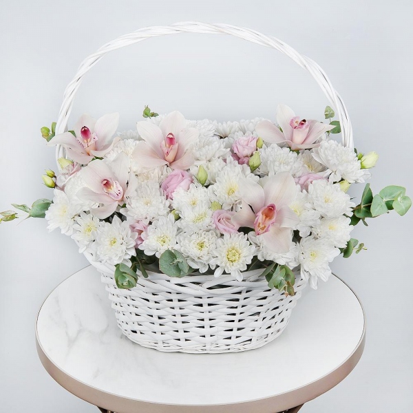 Baltica White Spray Chrysanthemum - 6, Pink Cymbidium Orchid Bud - 9, Pink Lisianthus (Eustoma) - 3, Medium Basket, Eucalyptus, Oasis, Flask for orchids