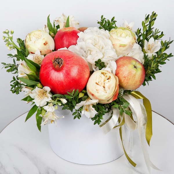 Peony style roses - 3,  White Hydrangea - 1, Alstromeria white, soft pink - 9, White Matthiola - 1, Pistachio, Apple, 1 pc., Pomegranate, Round flower box medium, Oasis, Ribbon, Wooden skewer