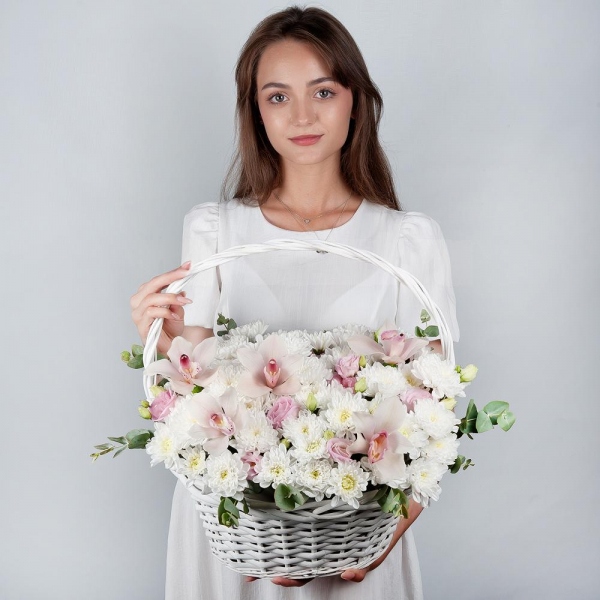 Baltica White Spray Chrysanthemum - 6, Pink Cymbidium Orchid Bud - 9, Pink Lisianthus (Eustoma) - 3, Medium Basket, Eucalyptus, Oasis, Flask for orchids