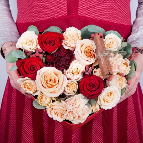 Red rose 50 cm - 3, Rose Cream 50 cm - 3, Carnation white, cream - 2, Spray rose: white, cream, light pink 50 cm - 3, Carnation red - 2, Heart‑shaped box for arrangements, Oasis, Cinnamon decorative packaging, Eucalyptus Cinerea, Brunia Green Lanuginosa (1 pc.)