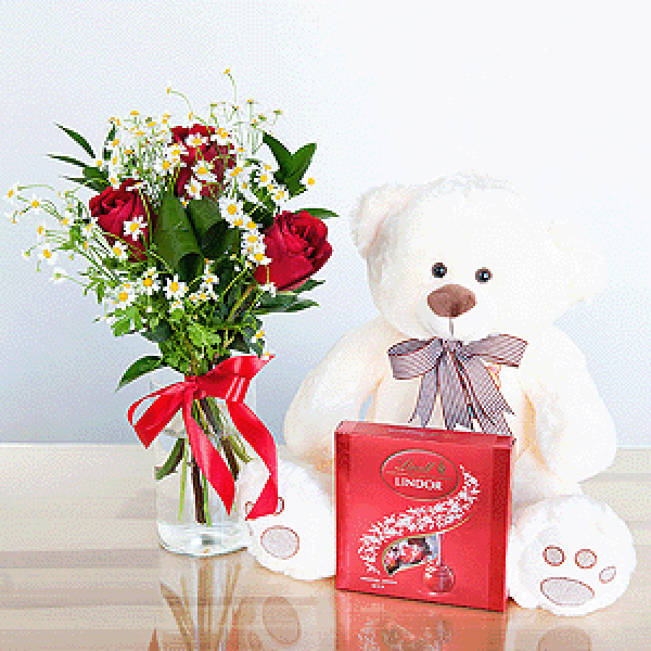 Gift set "Delicate bouquet, teddy bear and sweets"