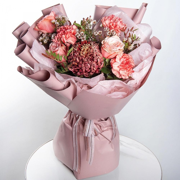 Chrysanthemum Bigoudi purple - 1, Peony rose Kahala 50 cm - 3, Orange carnation - 5, Waxflower (1 pc.), Pistachio, Wrapping Paper
