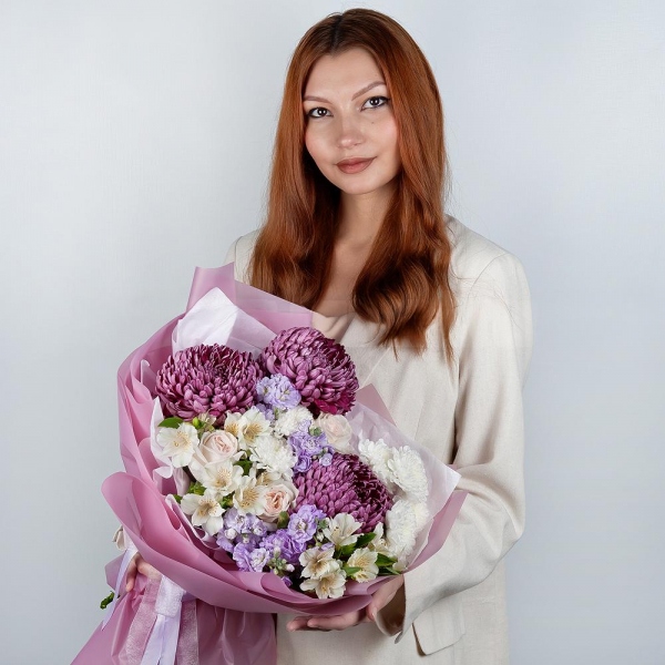 Chrysanthemum Bigoudi purple - 3, Matthiola Lilac - 2, Alstromeria white, soft pink - 11, Peony style roses - 3, Baltica White Spray Chrysanthemum - 2, Wrapping Paper