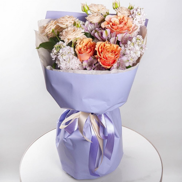 Pink-orange rose Phoenix 50 cm - 3, Spray rose: white, cream, light pink 50 cm - 2, Alstromeria lilac, purple - 11, Matthiola Lilac - 3, Baltica White Spray Chrysanthemum - 1, Wrapping Paper