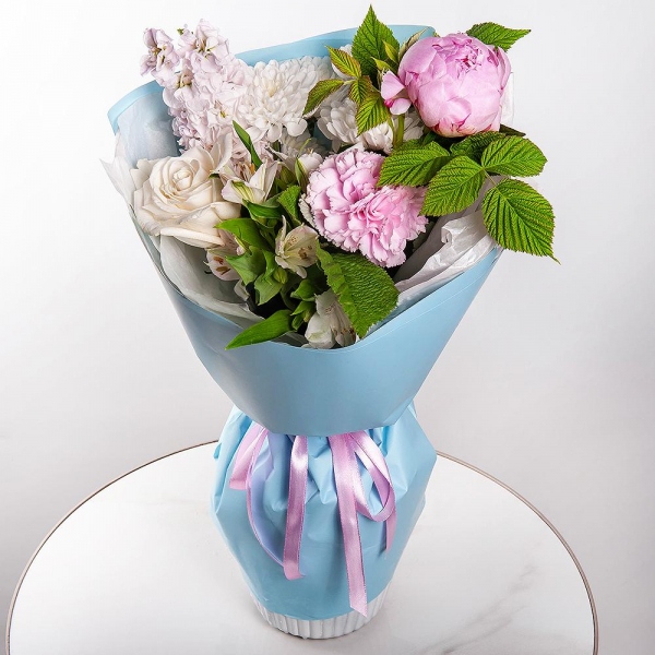 Peony pink - 1, Pink carnation - 1, White Matthiola - 1, Baltica White Spray Chrysanthemum - 1, Alstromeria white, soft pink - 3, White rose 50 cm Ecuador - 1,  Raspberry branch, Wrapping Paper