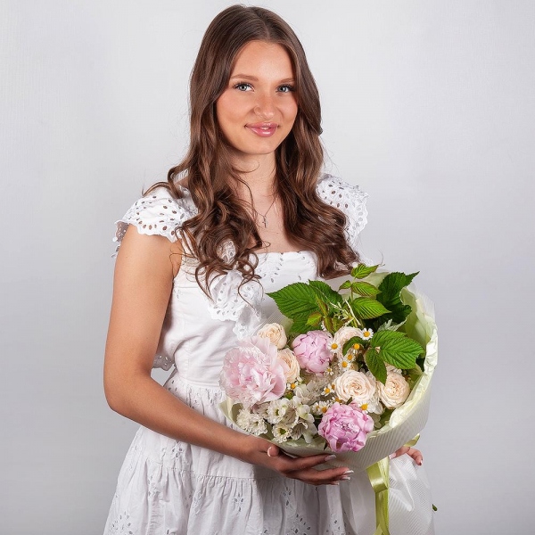Peony pink - 3, Baltica White Spray Chrysanthemum - 1, Chamomile - 2, Spray rose: white, cream, light pink 50 cm - 2, Alstromeria white, soft pink - 8, Santini White Spray Chrysanthemum - 1,  Raspberry branch, Wrapping Paper
