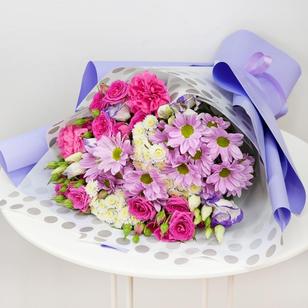 Bright pink spray rose mix, 50 cm - 4, Bacardi Pink Spray Chrysanthemum - 3, Pink carnation - 3, Purple Lisianthus (Eustoma) - 4, Athos poms Stallion - 3, Wrapping Paper, Ribbon