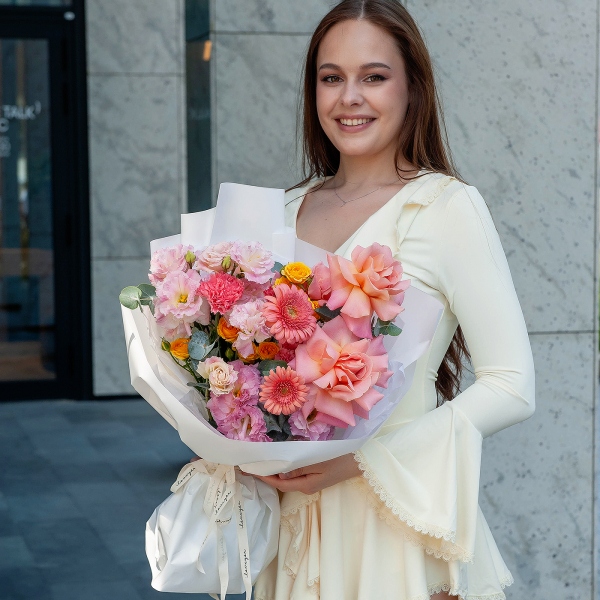 Rose Pink 50 cm Ecuador (Chelo, Hermosa, Novia, Titanik, Engagement, Pink Mondiale) - 5, Gerbera pink - 2, Pink carnation - 5, Spray rose: yellow, orange 50 cm - 2, Pink Lisianthus (Eustoma) - 4, Eucalyptus Cinerea, Wrapping Paper