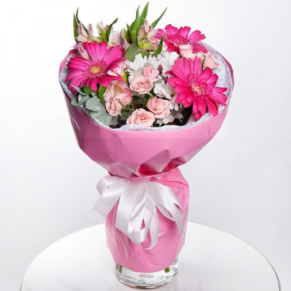 Gerbera pink - 3, Bacardi White Spray Chrysanthemum - 2, Pink spray carnation - 3, Bright pink spray rose mix, 50 cm - 2, Alstromeria white, soft pink - 2, Eucalyptus Cinerea, Wrapping Paper