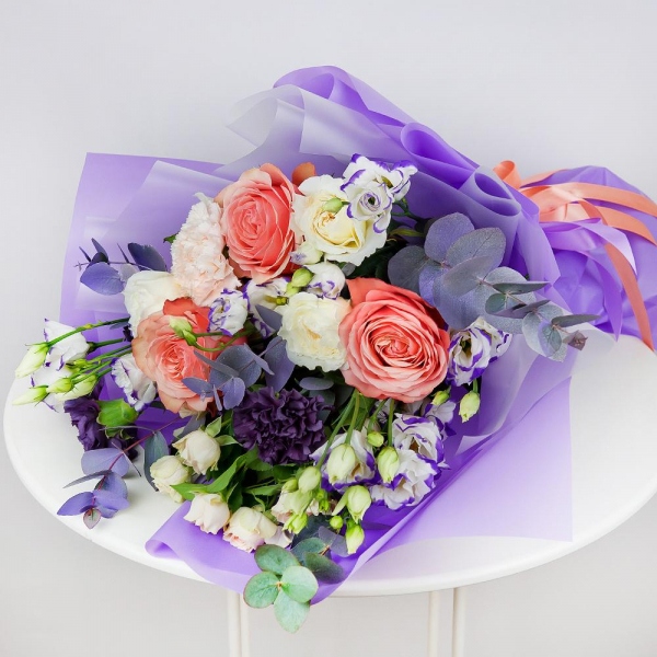 Peony rose Kahala 50 cm - 5, Purple Lisianthus (Eustoma) - 4, Lilac carnation - 2, Spray rose: white, cream, light pink 50 cm - 3, White rose 50 cm - 6, Carnation white, cream - 2, Eucalyptus Cinerea, Wrapping Paper