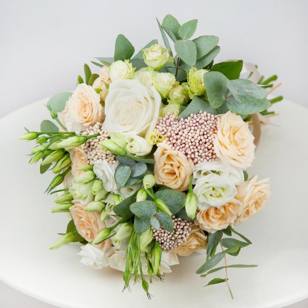 Spray rose: white, cream, light pink 50 cm - 9, White rose 50 cm - 5, lisianthus - 4, Ozotamnus, Eucalyptus Cinerea, Ribbon