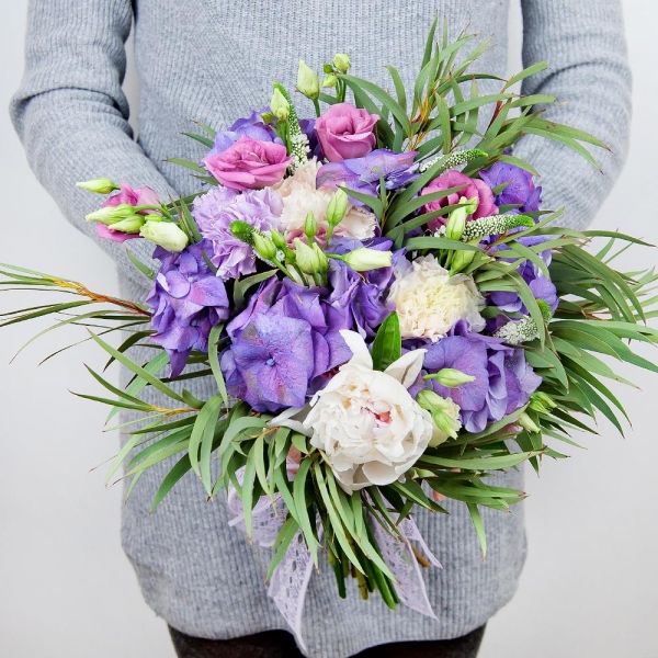 Peony white - 3, Carnation white, cream - 5, Pink Lisianthus (Eustoma) - 3, Blue/purple hydrangea - 1, Veronica spray, Eucalyptus, Flask for orchids, Ribbon