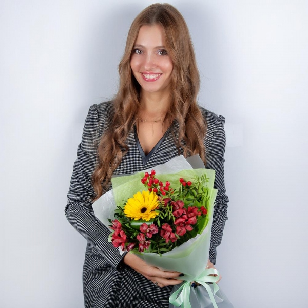 Sunflower - 3, Alstromeria Red, Bright Pink - 5, Hypericum, Salal, Wrapping Paper, Ribbon, Eucalyptus Cinerea