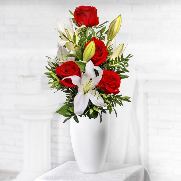 Red rose 50 cm - 7, Lilies - 4, Pistachio, Ribbon