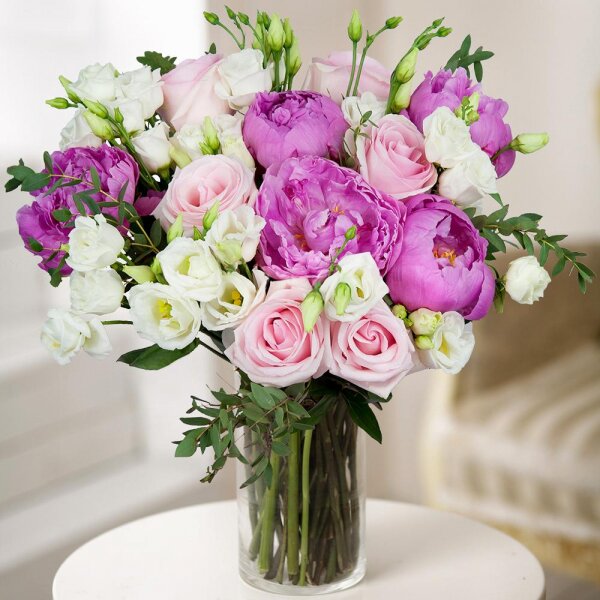 Peony pink - 9, Pink rose 50 cm - 11, lisianthus - 8, Eucalyptus parvifolia (1 pc.), Wrapping Paper
