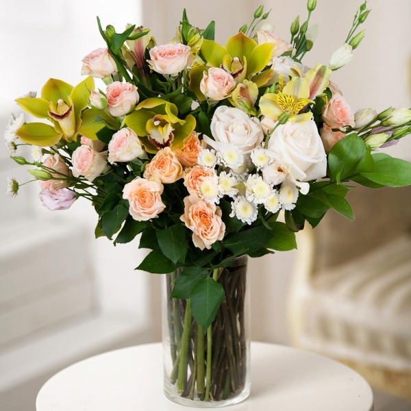 White rose 50 cm - 7, Green Cymbidium Orchid Bud - 5, Pink Lisianthus (Eustoma) - 5, Alstromeria Yellow, Orange - 4, Spray rose: white, cream, light pink 50 cm - 6, Athos poms Stallion - 4, Flask for orchids, Ruscus, Wrapping Paper