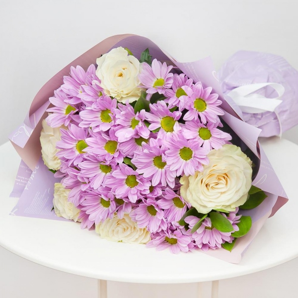 Bacardi Pink Spray Chrysanthemum - 8, White rose 50 cm - 9, Ribbon, Wrapping Paper, Ruscus