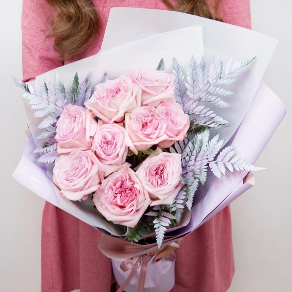 Peony style roses - 15, Fern (1 pc.), Wrapping Paper, Ribbon