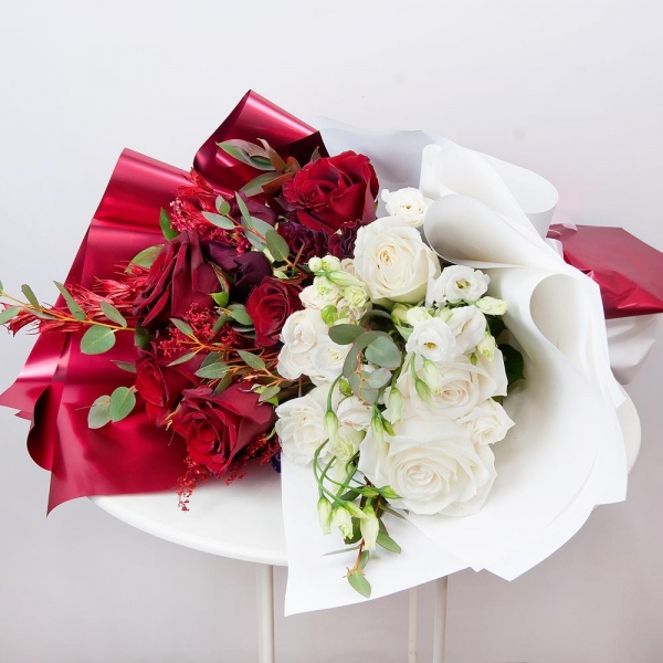 White rose 50 cm - 7, Red rose 50 cm - 7, lisianthus - 5, Spray rose: red 50 cm - 3, Spray rose: white, cream, light pink 50 cm - 4, Solidago (1 pc.), Ruscus, Dried flowers decor, Wrapping Paper, Eucalyptus parvifolia (1 pc.)