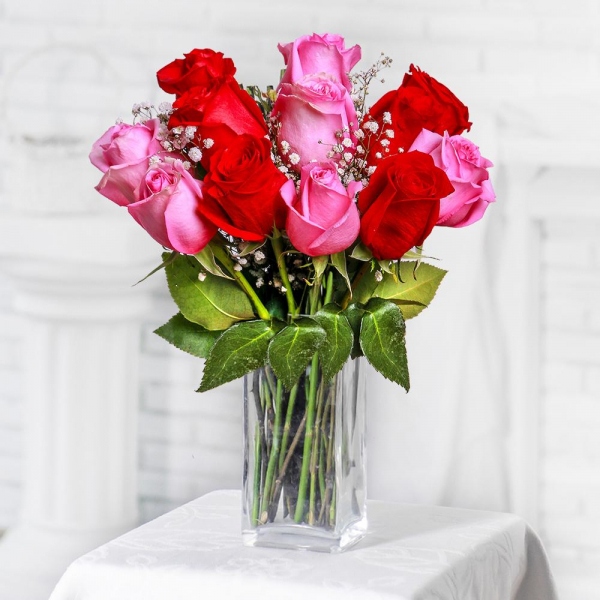 Gypsophila - 2, Pink rose 50 cm - 9, Red rose 50 cm - 9, Ribbon