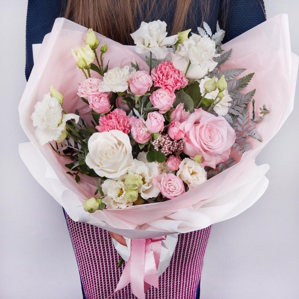Pink rose 50 cm - 2, White rose 50 cm - 3, Bright pink spray rose mix, 50 cm - 3, Carnation white, cream - 3, lisianthus - 3, Pink carnation - 2, Ozotamnus, Pistachio, Fern (1 pc.), Wrapping Paper