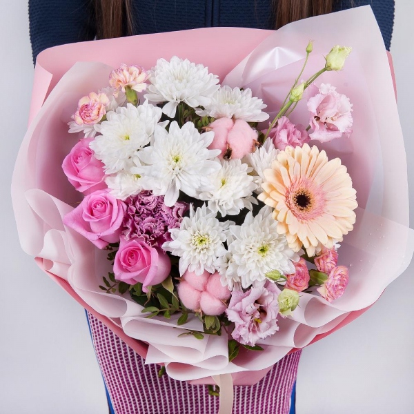 Baltica White Spray Chrysanthemum - 3, Pink spray carnation - 3, Pink Lisianthus (Eustoma) - 1, Lilac carnation - 2, Cream gerbera - 1, Pink rose 50 cm - 3, Cotton bud, Wrapping Paper