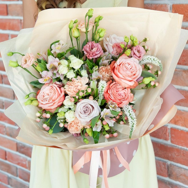 Peony rose Kahala 50 cm - 3, Rose Powder 50 cm Ecuador (Quicksand, Menta) - 4, Carnation white, cream - 5, Alstromeria white, soft pink - 4, Pink Lisianthus (Eustoma) - 4, Spray rose: white, cream, light pink 50 cm - 4, Veronica spray, Hypericum, Eucalyptus populus (1 pc.), Wrapping Paper