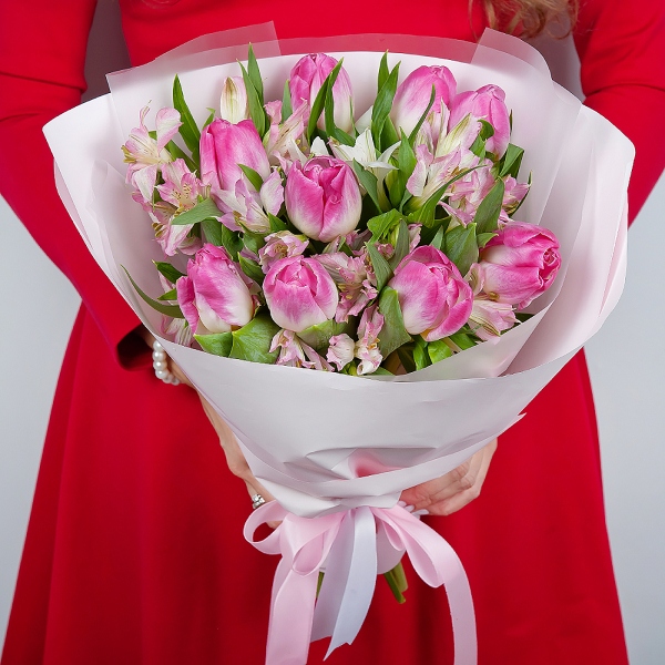 Alstromeria white, soft pink - 7, Pink tulip - 12, Wrapping Paper, Ribbon