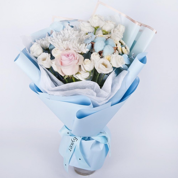 Baltica White Spray Chrysanthemum - 1, Athos poms Stallion - 2, lisianthus - 2, Pink rose 50 cm - 1, Eucalyptus Cinerea, Cotton bud, Wrapping Paper, Ribbon