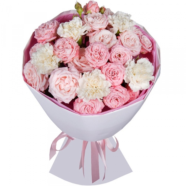Peony sprayrose - 7, Alstromeria white, soft pink - 8, Wrapping Paper, Ribbon