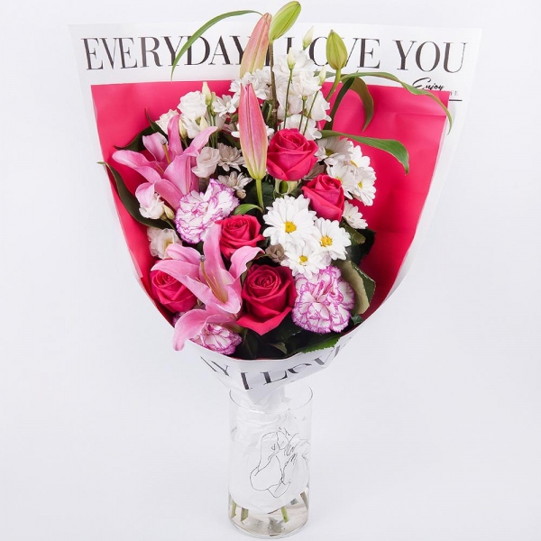 Pink lily - 1, Bacardi White Spray Chrysanthemum - 3, lisianthus - 2, Pink rose 50 cm - 7, Pink carnation - 3, Wrapping Paper