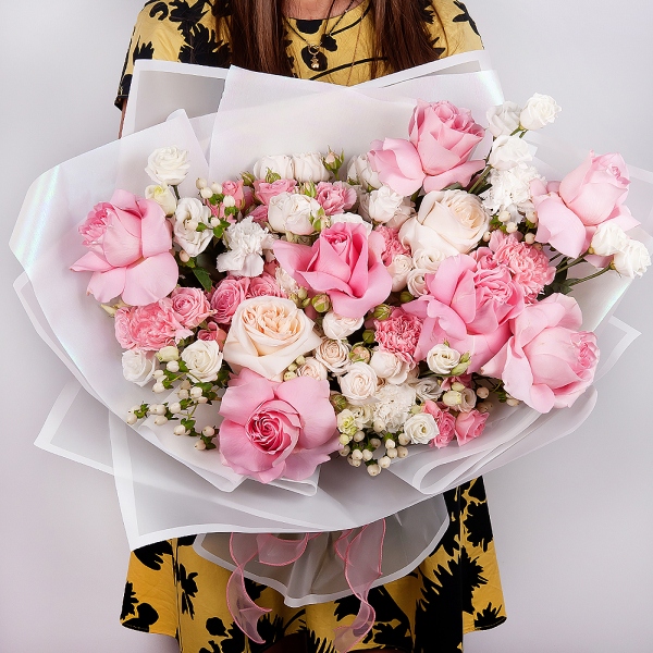 Bright pink spray rose mix, 50 cm - 5, Peony sprayrose - 4, Peony style roses - 3, Rose Pink 50 cm Ecuador (Chelo, Hermosa, Novia, Titanik, Engagement, Pink Mondiale) - 9, Pink carnation - 7, lisianthus - 4, Carnation white, cream - 8, Hypericum, Wrapping Paper