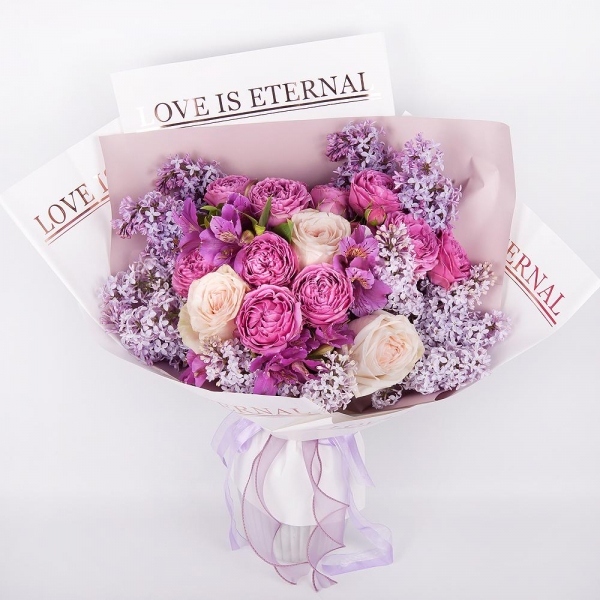 Peony style roses - 5, Alstromeria lilac, purple - 4, Spray peony rose Misty Bubbles, 50 cm - 3, Lilac Bush - 4, Wrapping Paper, Ribbon