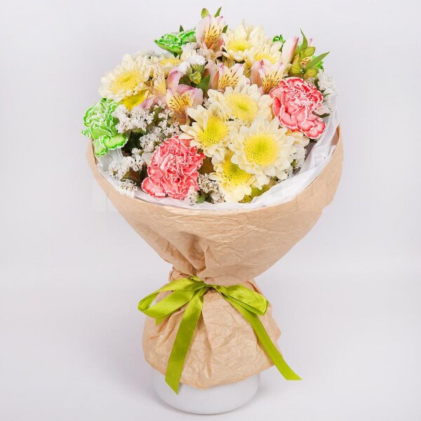 Baltica Yellow Spray Chrysanthemum - 4, Alstromeria white, soft pink - 3, Green carnation - 5, Orange carnation - 4, White statice, Wrapping Paper