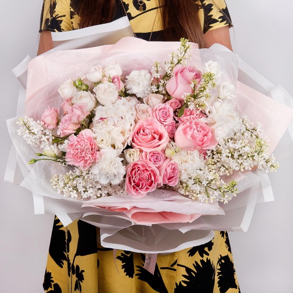 Rose Pink 50 cm Ecuador (Chelo, Hermosa, Novia, Titanik, Engagement, Pink Mondiale) - 11, Pink carnation - 6, Peony white - 3, lisianthus - 3, Peony sprayrose - 5, White Lilac - 3, Carnation white, cream - 5, Wrapping Paper